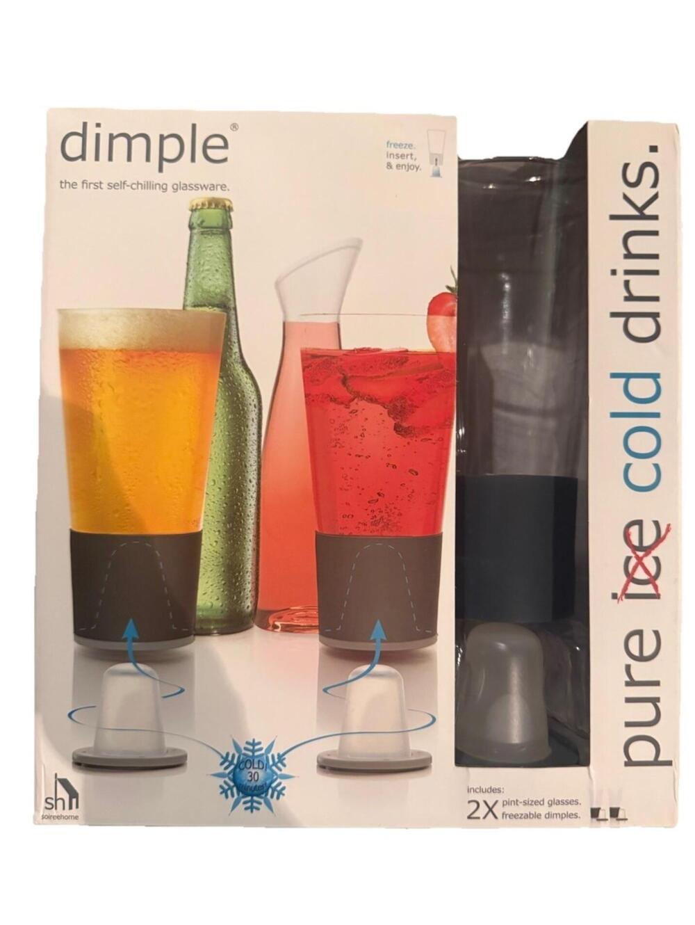 Soireehome Self-Chilling Glassware ~ 2 Pint Glasses + 2 Freezable Dimples ~ NIB